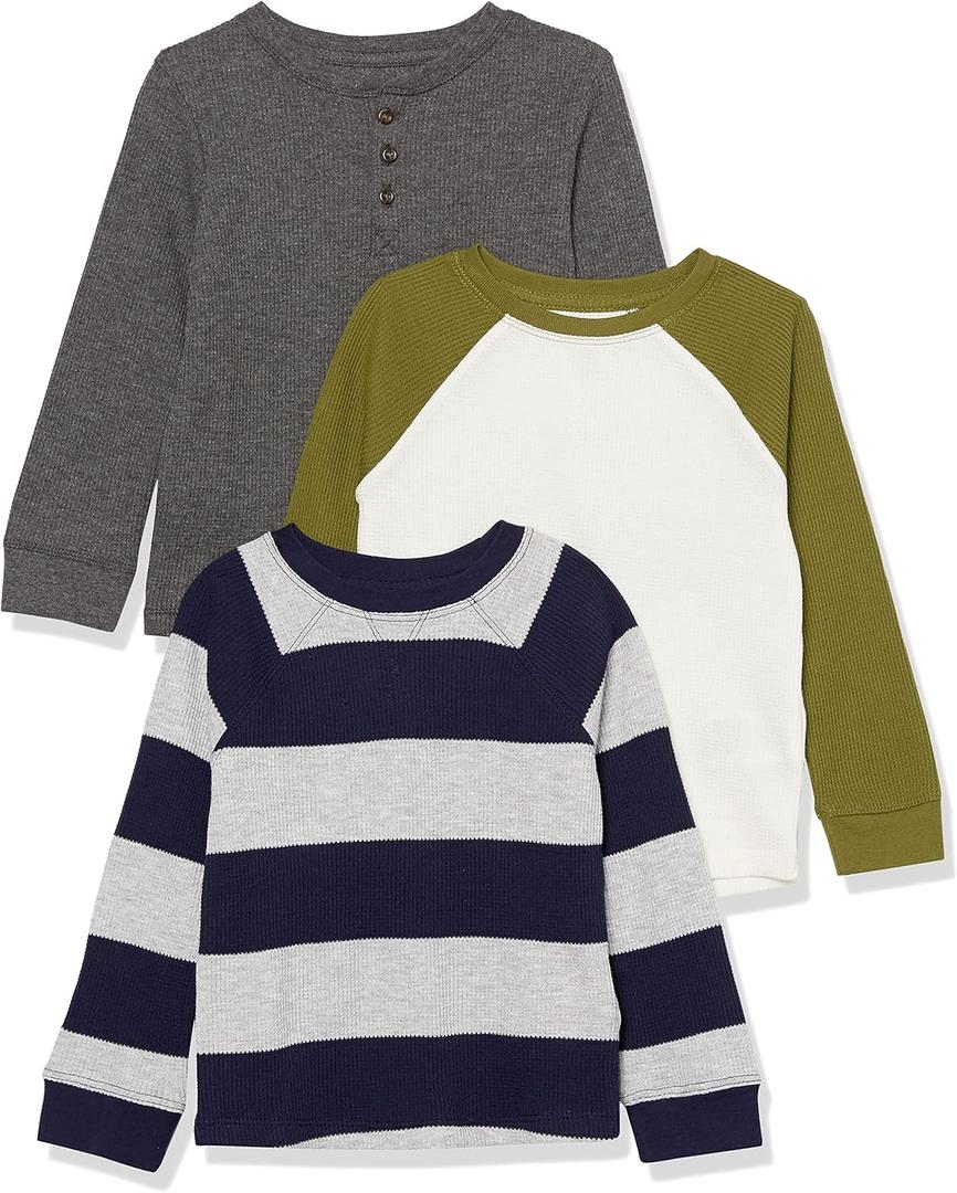 Amazon Essentials Boys and Toddlers' Long-Sleeve Knit Thermal T-Shirt, Pack of 3 (Dark Grey/Grey Rugby Stripe/White)