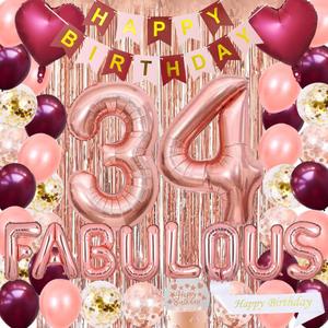 34TH Birthday Decorations Supplies, Burgundy And Pink Happy Birthday Paper Banner Sash Cake Topper Latex Glass Balloons Foil Number 34 Balloons Foil Curtains 16INCH Rose Gold