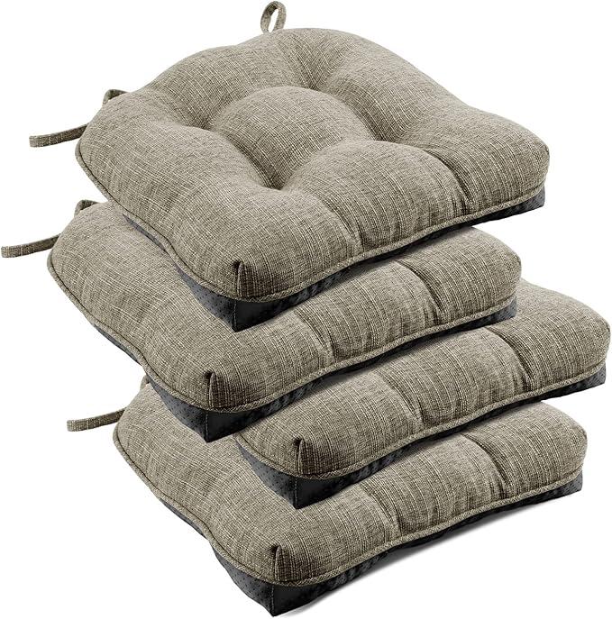 Non Slip Indoor Chair Cushions for Dining Chairs, Tufted Overstuffed Textured Memory Foam Kitchen Chair Pads with Ties and Non-Slip Backing, 15.5" x 15.5" x 4", Khaki, 4 Pack