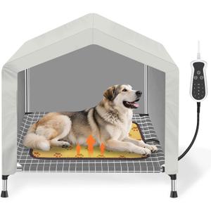 Heated Elevated Dog House for Medium Dogs - with 9-Level Adjustable Heating Pad, Timer Function, Raised Off-Ground Design for Ventilation & Anti-Moisture, Keep Pets Warm in Winter Cold (Grey)