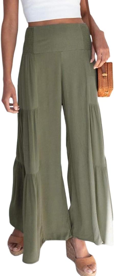 Women's Boho High Waisted Palazzo Pants Summer Beach Wide Leg Flowy Pants (X-Large, Green 1)