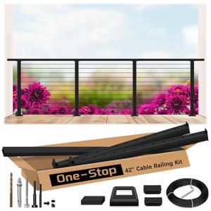 8ft-12ft Complete Set 42" Deck Cable Railing System with Handrail Adjustable, T304 Stainless Steel Black Level Drilled Cable Railing Posts Kit with 1/8" Cable Railing Hardware for Outdoors 8ft-12ft Complete Set 42" Deck Cable Railing System with Handrail Adjustable, T304 Stainless Steel Black Level Drilled Cable Railing Posts Kit with 1/8" Cable Railing Hardware for Outdoors