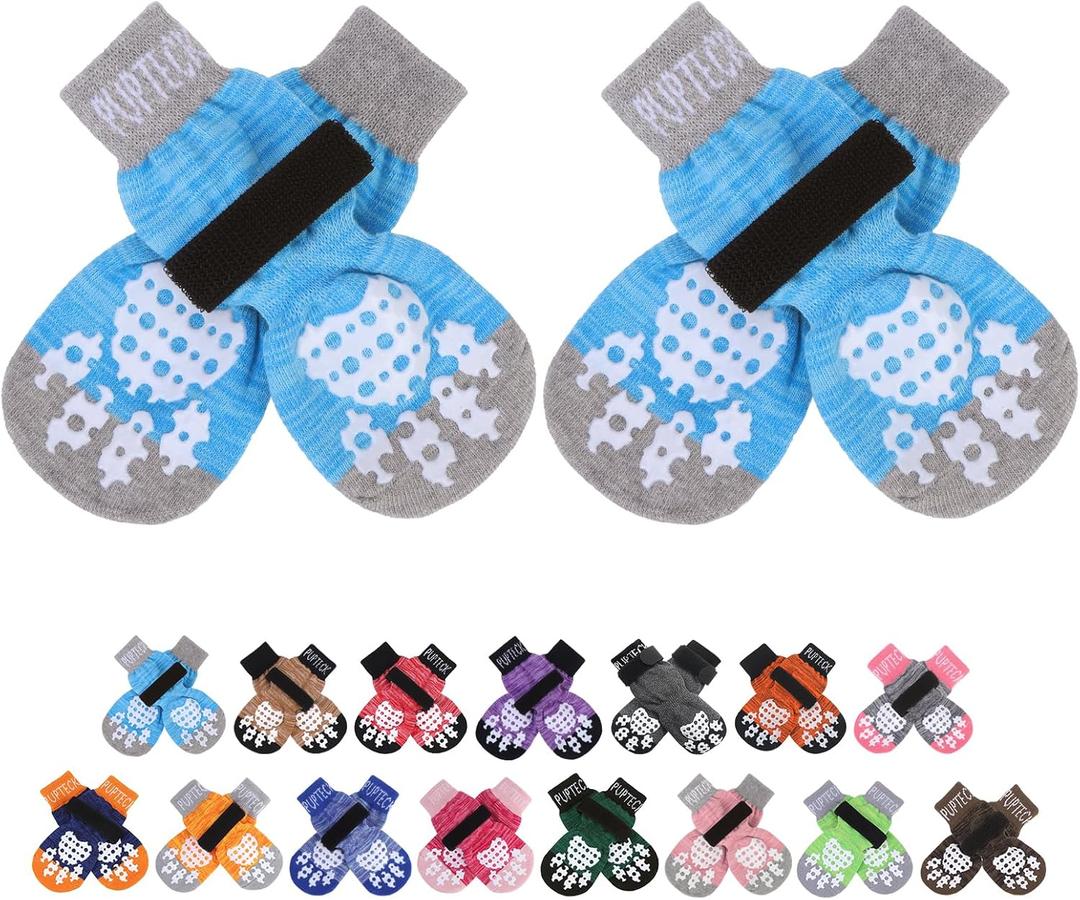 PUPTECK Double Side Anti-Slip Dog Socks with Adjustable Straps for Indoor Wear - 2 Pairs Pet Paw Protection Traction Control Socks on Hardwood Floor (X-Small (4 Count), Blue)