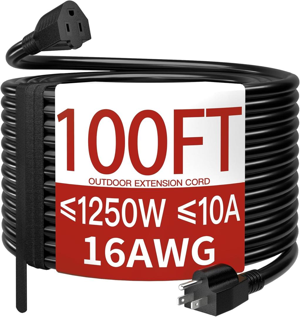 16AWG 10A 1250W 125V 100 Ft Outdoor Extension Cord Waterproof, Weatherproof & Flame Retardant Black 3 Prong Power Cord Outside for Lawn & Garden, SJTW ETL Listed