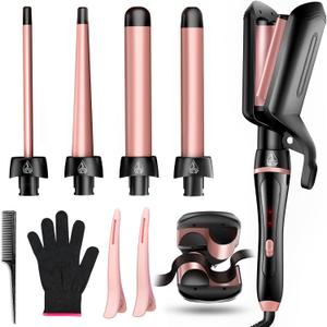 5 in 1 Curling Iron, Curling Wand Set Versatile Hair Curler Wand Kit for Waves Curls Blowout for All Hair Types 4 Interchangeable Ceramic Barrels(0.35"-1.25'') Fast Heating for Travel and Home Use