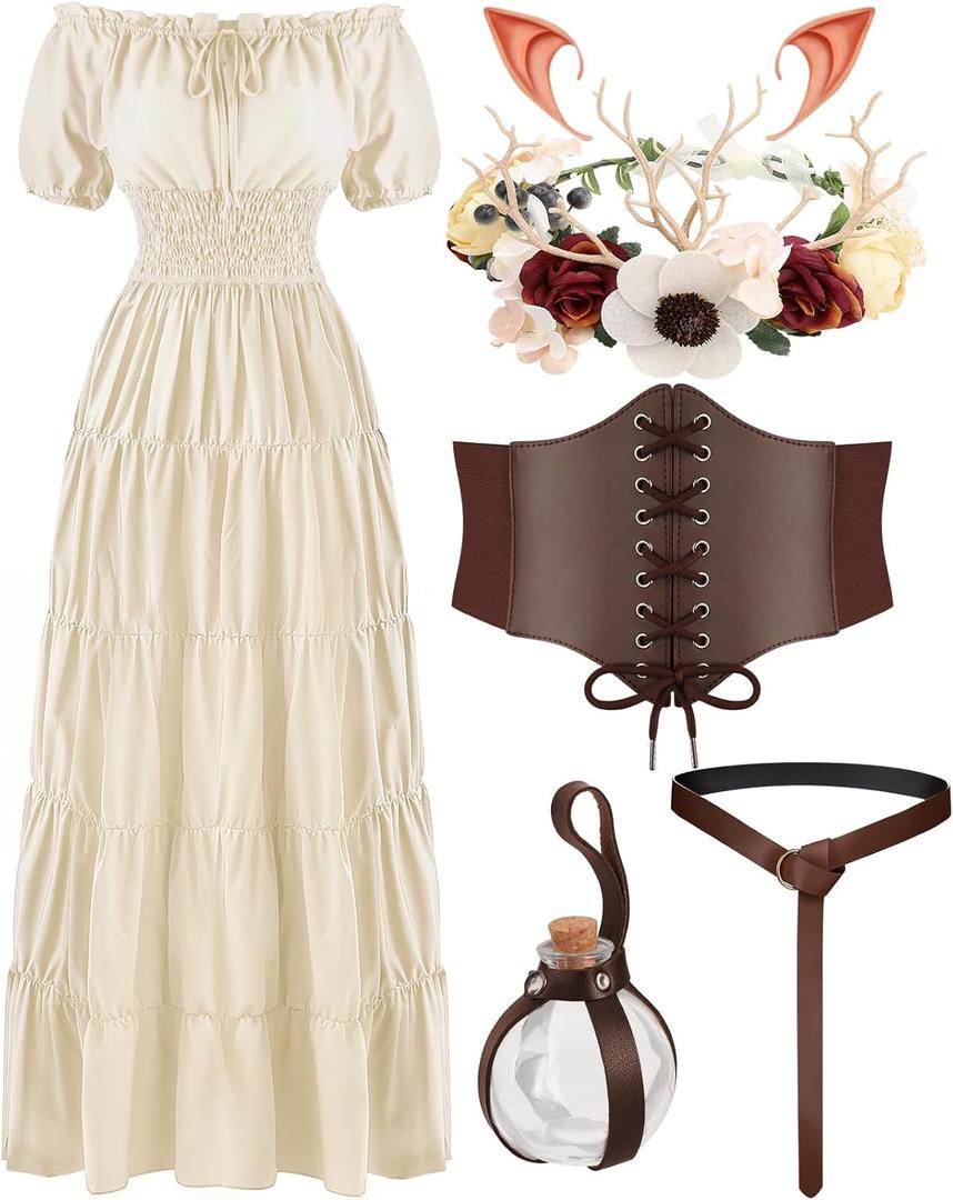 Renaissance Costume Women Medieval Fairy Dress, Corset Elf Ears Garland Belt Potion Bottles Peasant Halloween (XX-Large, Beige)