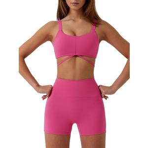 ABOCIW Workout Sets for Women 2 Piece Twist Front Halter Sports Bras High Waist Biker Shorts Exercise Gym Yoga Outfit (Small, Y-hot Pink)