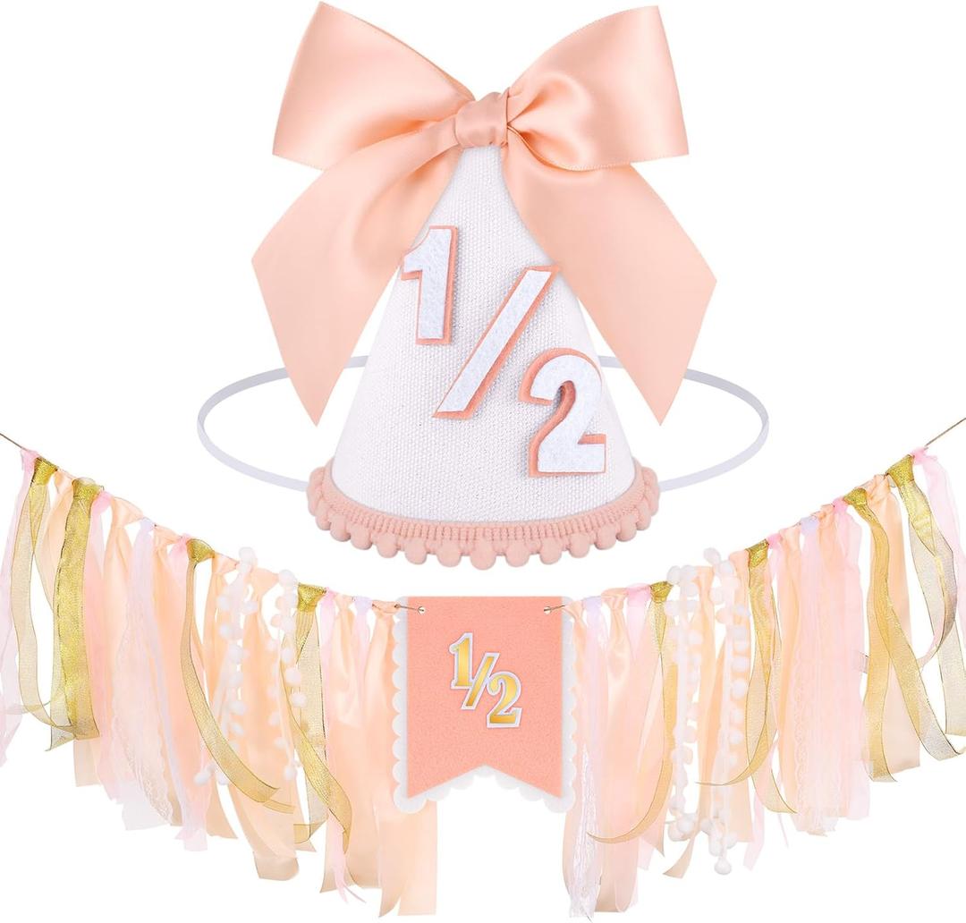 1/2 Birthday Hat Half Way to One Banner Birthday Decorations 6 Months Decorations Cone Hat for Girls Boys 1/2 Hat High Chair Banner Baby Shower (Blush Pink)