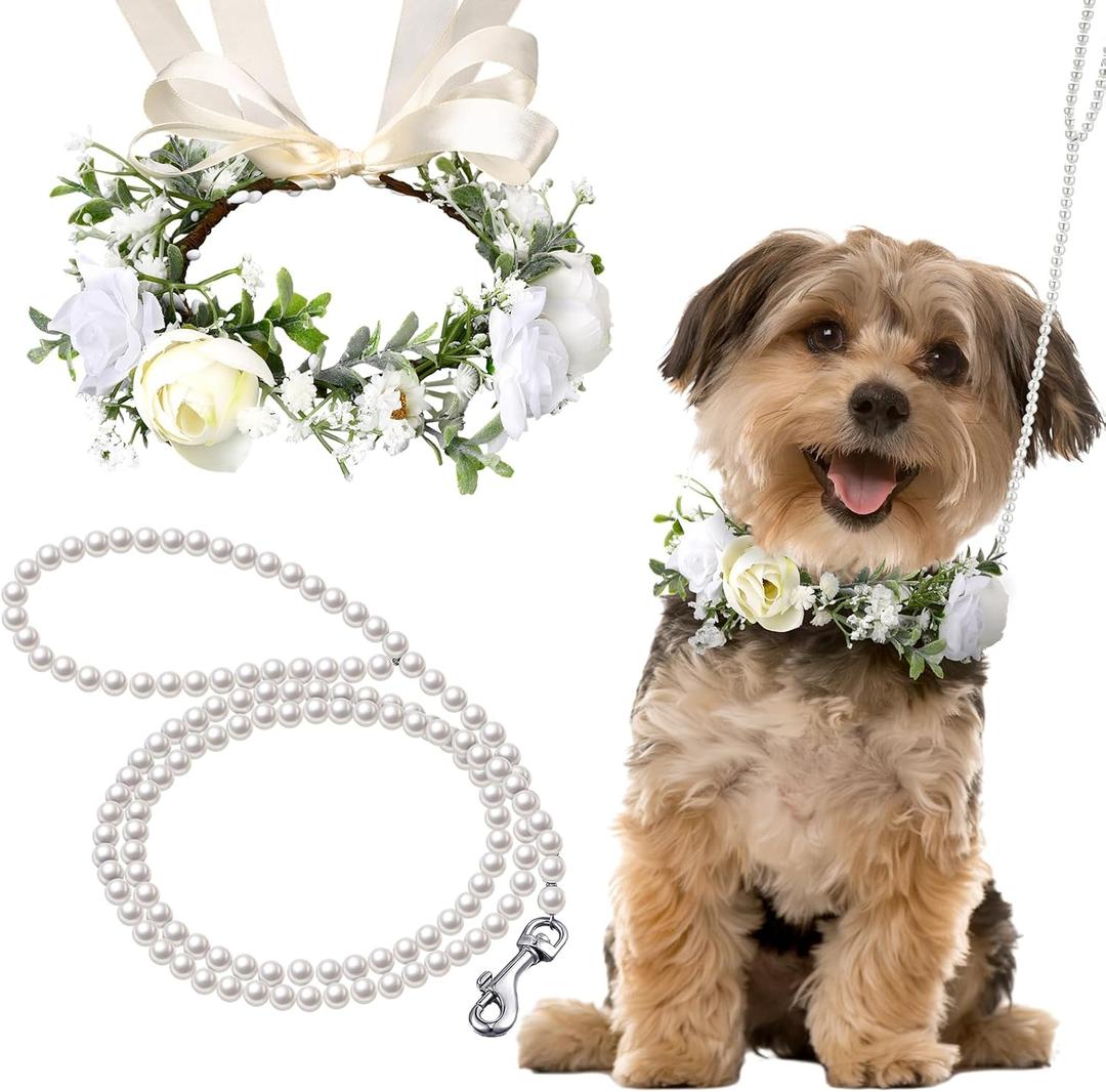 2 Pcs Dog Flower Collar Wedding and Leash Set Pearls for Dogs 120 cm 4 ft Pearls Beaded Dog Leash Dog Collar Bows for Wedding Adjustable for Medium Dogs Floral Collars Pet (Small)