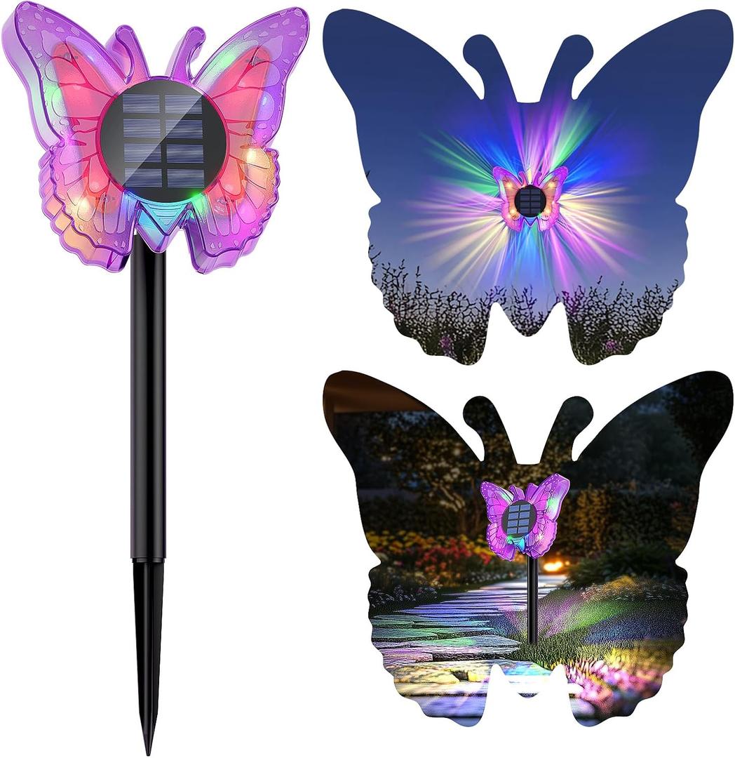 Solar Butterfly Lights Outdoor-Color-Changing 3D Glow-2-in-1 Wall & Ground-Butterfly Lights for Outside-Waterproof Garden Decorations for Patio Lawn Yard Fence Backyard Decor (1 Pack)