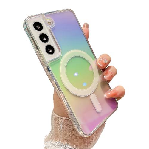 LUVI Compatible with Galaxy S25 Plus Laser Case Clear Compatible with MagSafe Gradient Rainbow Colorful Bling Unique Fashion Protection Shockproof Cover for Women Girls