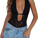 Verdusa Women's Y2K Floral Lace Sheer Halter Bodysuit Backless Sleeveless Night Out Leotard Tops, M