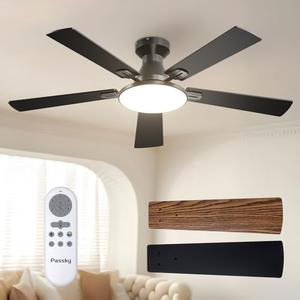 Passky Ceiling Fans with Lights, 52 inch Sleek Ceiling Fan with Light and Remote Control, 3CCT, Dimmable, Reversible, Noiseless, Black Ceiling Fan for Bedroom, Living Room