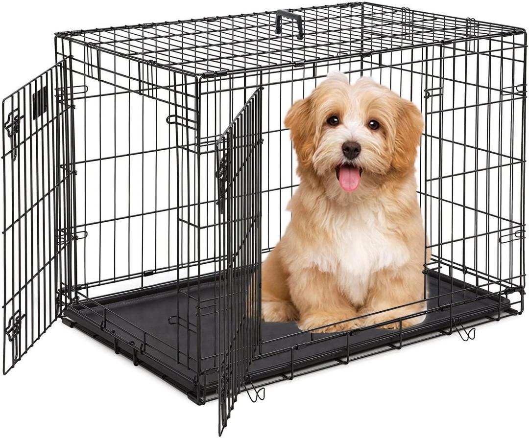 Pet Dog Crate, 36 Inches Metal Wire Large Dog Cage Double Door Folding Dog Kennel with Divider Panel, Leak-Proof Plastic Pan, Indoor Outdoor Pet Crates for Small Medium Breed Dogs Animals (36.0"L x 22.5"W x 24.0"H, Black)
