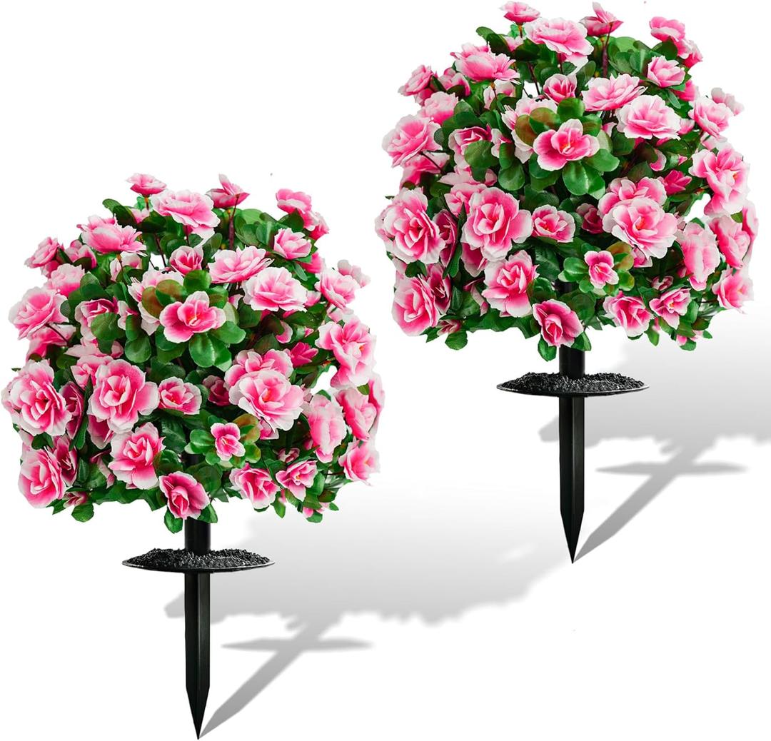 Artificial Flowers for Outdoors, Faux Outdoor Plants Fake Plants Topiary Balls Artificial Outdoor Set of 2 with Ground Spike for Home Front Porch Patio Garden Decor (Pink)
