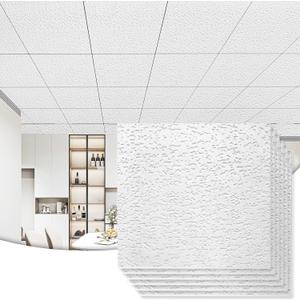 Art3d 12-Pack Stucco Texture Drop Ceiling Tiles 2x2 FT - Fire-Rated, Waterproof, Reusable - Premium PVC 24x24 Inch Ceiling Panels for Living Room Kitchen Bathroom Basement Office, White (24*24 12pcs, Stucco White-1)