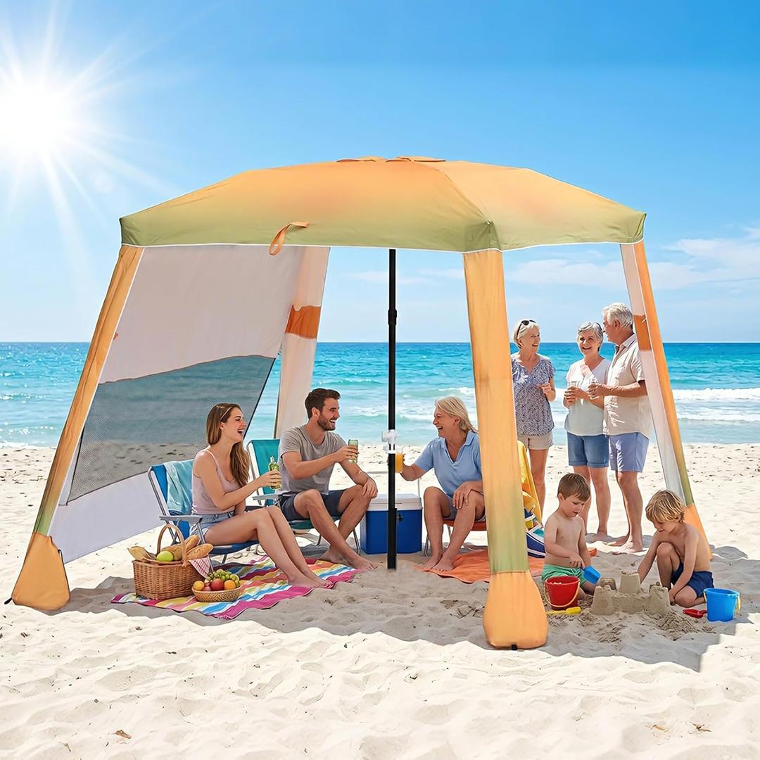 Beach Cabana,3 Side Curtains,7.2 * 7.2 FT for 5-6 People, Beach Canopy with Sand Bags,Easy Beach Shade, Beach Tents for Family, Adjustable Height,Yellow