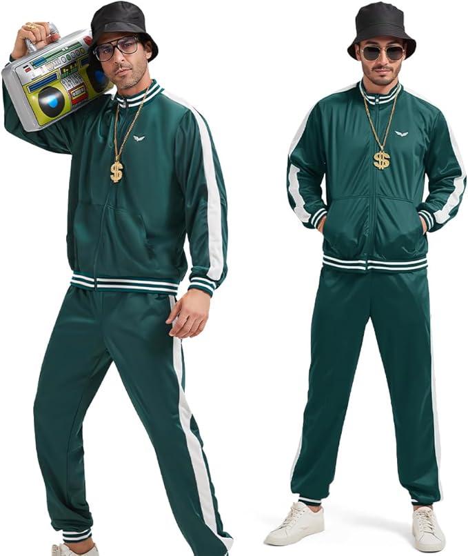 Deaboat 80s Tracksuit for Men Halloween Costumes Retro Windbreaker Outfit 90s Mens Track Suits Sportswear 9Pcs (Large, Green)