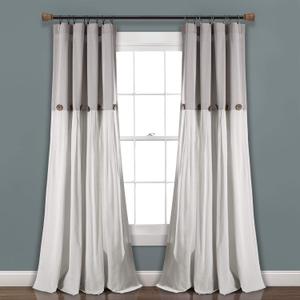 Lush Decor Linen Button Window Curtain Panel, Single, 40" W x 95" L, Gray & Off White- Country Curtains - Rustic Decor - Color Block - Modern Farmhouse Curtains