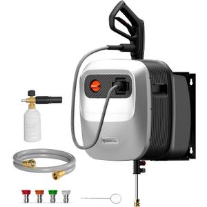 Giraffe Tools Grandfalls Pressure Washer G20 Pro, 2500 PSI 2.2 GPM, 180 Wall Mounted Power Washer, Auto-Retract with 65FT Hose Reel, 5 Nozzles for Floor/Cars/Fences/Patios, Light Silver