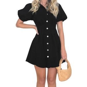 KDF Summer Denim Dress for Women Puff Sleeve Slim Fit Jean Dresses for Women 2025 Casual (Medium, Black)