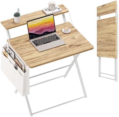 GreenForest Folding Desk for Small Spaces, 31.5 inch Foldable Table with Storage Bag, 2-Tier Portable Computer Desk with Monitor Stand for Home Bedroom, Oak