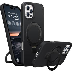 Liquid Silicone Case for iPhone 16 Pro Max with Magnetic Ring Stand, Military Grade Shockproof Protection, Anti-Scratch Microfiber Lining Covers for iPhone 16 Pro Max, Black