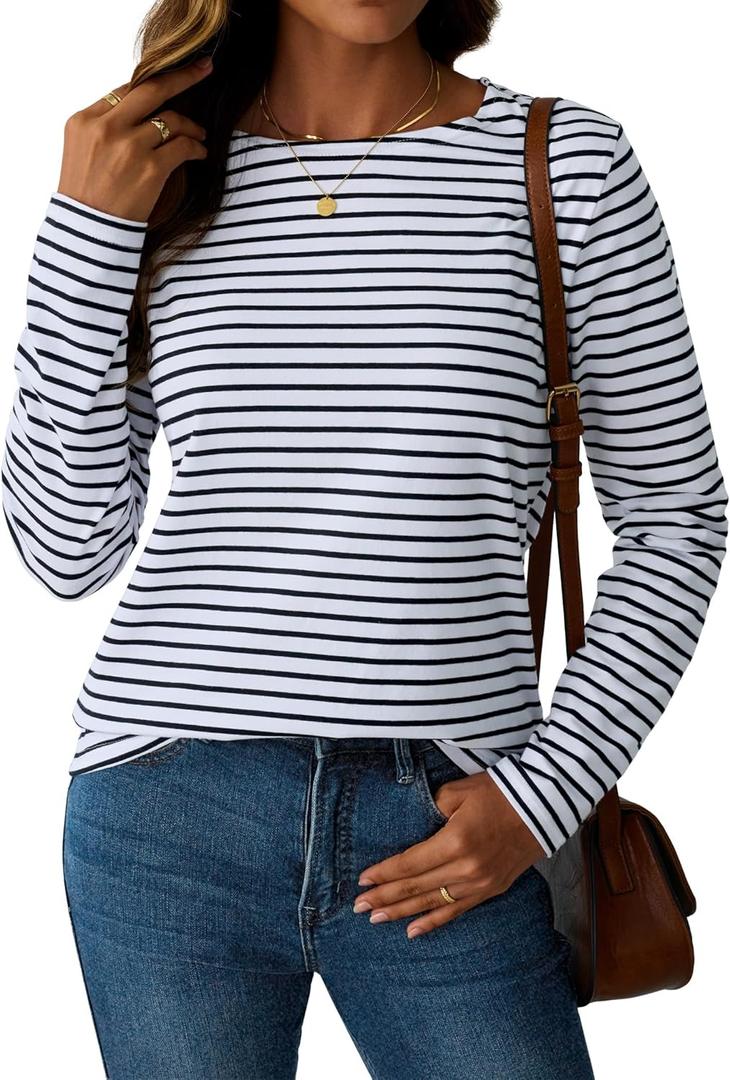LilyCoco Womens Striped Long Sleeve Shirt Boat Neck Tops Breton Loose Fit Tshirt Black White Small
