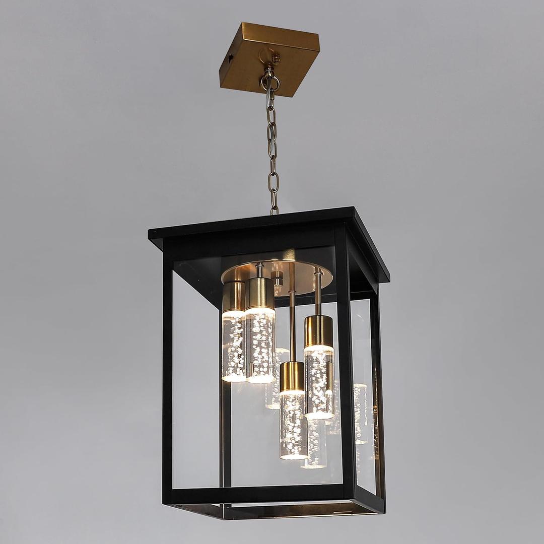 LED 5CCT Large Outdoor Pendant Light Fixtures, Exterior Hanging Lantern LED Integrated Bulbs Included for Porch Patio Yard Garden, Outside Hanging Lamp in Black & Brushed Brass