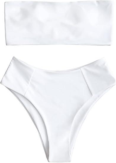 ZAFUL Women's High Cut Bandeau Bikini Set Strapless Solid Color 2 Pieces Bathing Suit Swimsuit, Large