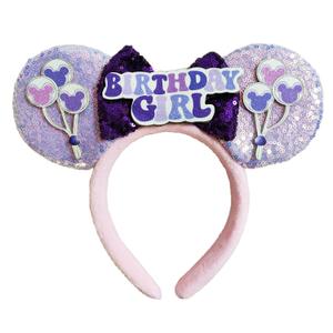 2 x Mouse Ears Birthday Girl Headbands with Dream Balloon&Shiny Sequins, for Princess Costume Cosplay Glitter Party Props, Soft Flannel, Purple; BR-FLZ