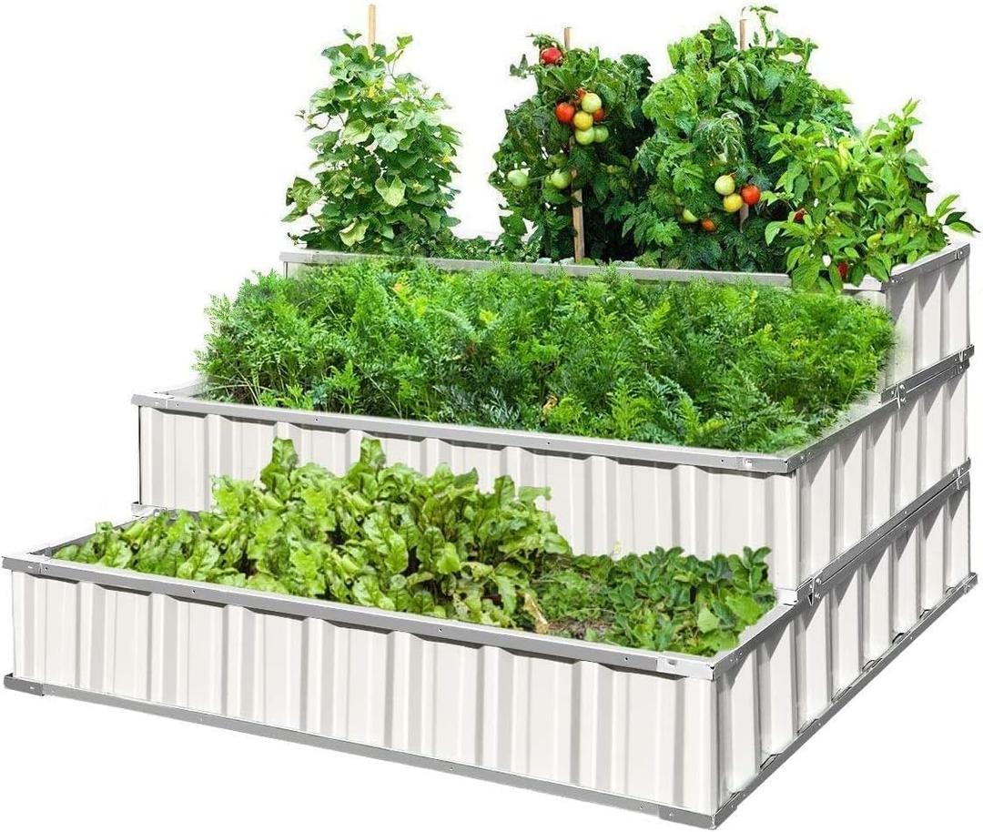KING BIRD 3 Tiers Raised Garden Bed Dismountable Frame Galvanized Steel Metal Patio Garden Elevated Planter Box 46" x 46" x 23.6" for Growing Vegetables Flowers (Ivory)