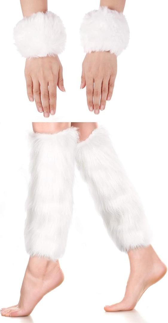 SATINIOR 2 Pairs Faux Fur Cuffs Furry Long Leg Warmer Wrist Boot Cuff (White)