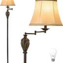 Traditional LED Floor Lamp with 350° Adjustable Swing Arm Lamp – Vintage Standing Pole lamp for Living Room, Bedroom and Office – Rustic Upright Floor Light for Home Décor with Silk Fabric Shade