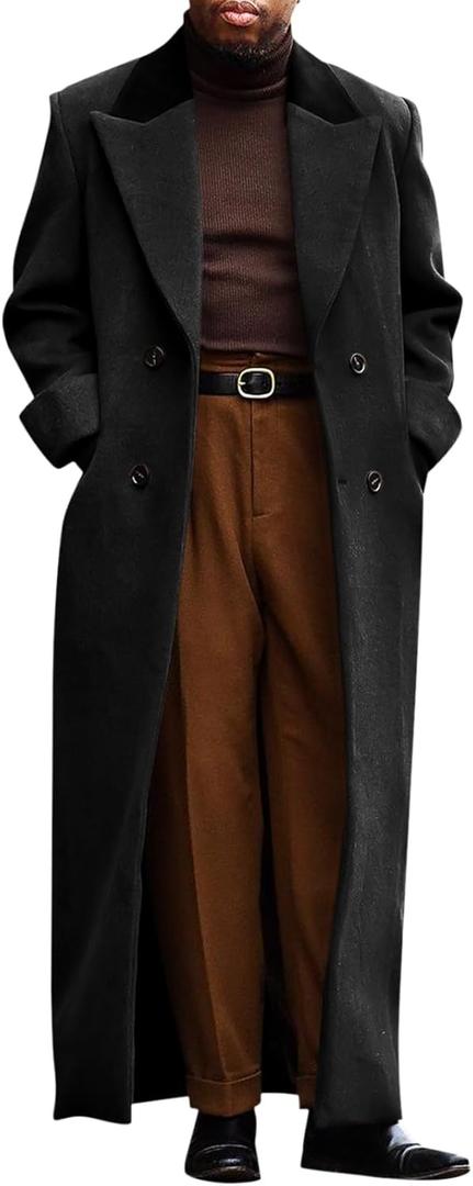 Runcati Mens Full Length Trench Coat Notched Lapel Long Jacket Double Breasted Classic Winter Overcoat (X-Large, Black)