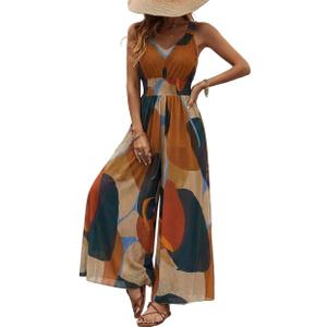 CHICME Women’s Abstract Print V Neck Jumpsuit Wide Leg High Cinched Waist Backless Sleeveless Chic Vacation Beach Romper (L)