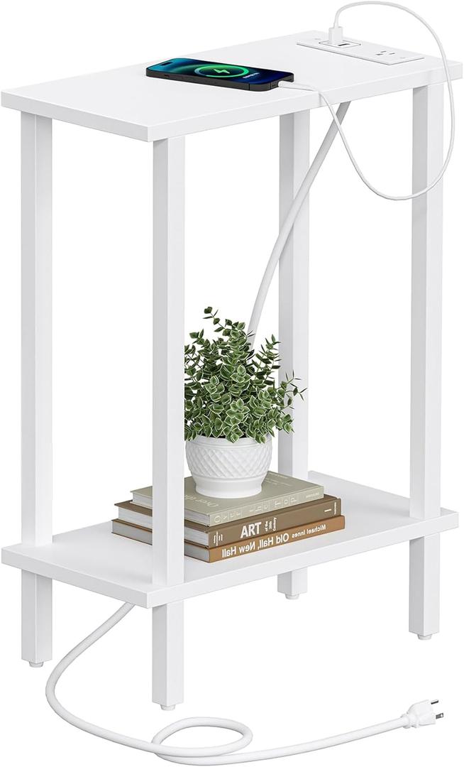 TUTOTAK Small End Table with Charging Station, Narrow Side Table with USB Ports and Outlets, Skinny Sofa Table, Slim Nightstand, Living Room, Bed Room, White TB01BW060 (2-tier)