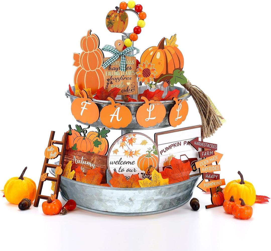 Geelin 30 Pcs Thanksgiving Tiered Tray Decor Set Fall Galvanized Iron Tiered Tray Decor Set Thanksgiving Centerpiece Decoration Pumpkin Leaves Tabletop Signs for Autumn Fall Harvest Home