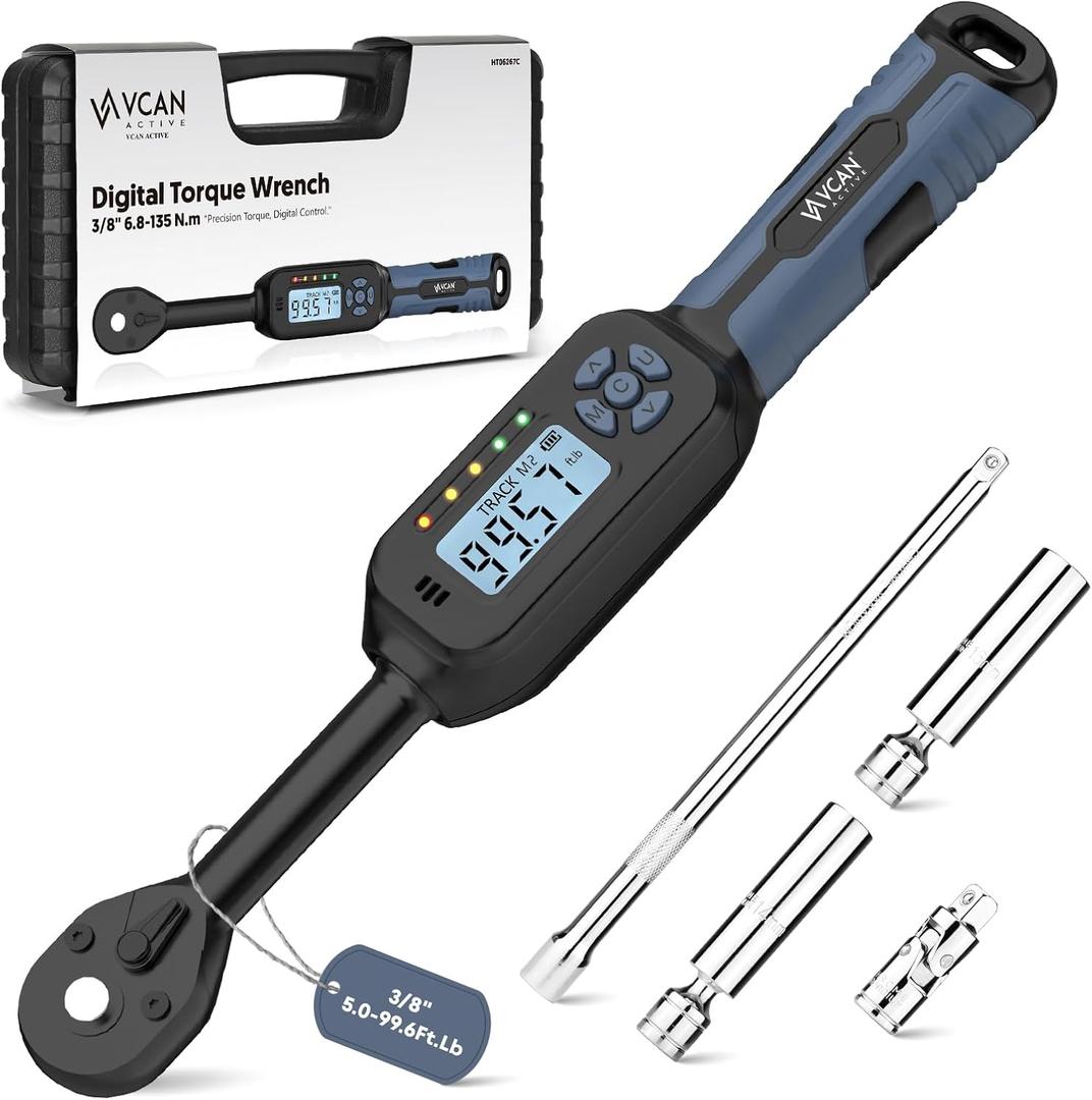 3/8 Torque Wrench Digital (5.02-99.6 Ft.Lb)2% High accuracy Spark Plug Socket & Tire Inch Pound Torque Wrench 3/8 Drive with Buzzer and Colorful LED Indicator&Track Mode for Moto Auto Car
