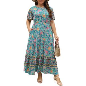 Nemidor Plus Size Women Maxi Dress Boho Casual Long Pocket (Blue, 4XL)
