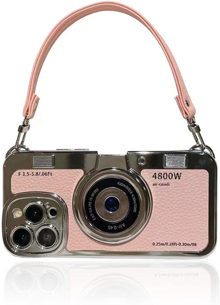 3D Vintage Camera Phone Case with Hand Strap - Unique Cool Silicone PC Shockproof Crossbody Protective Case for iPhone 13 Pro-Pink