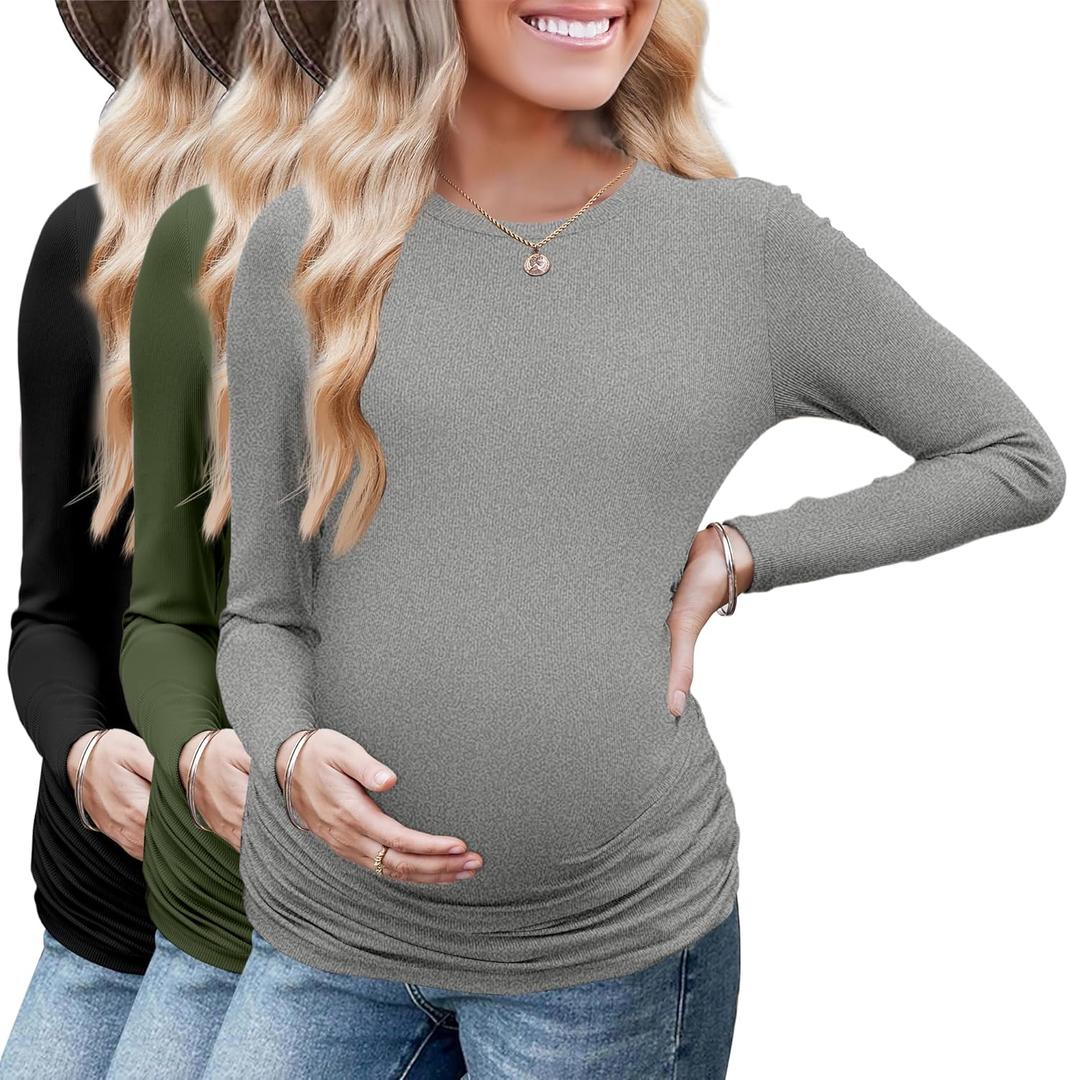 Ekouaer Maternity Long Sleeve Shirt 3Packs Round Neck Pregnancy Tops Casual Tee Top Shirts (Small, Black/Army Green/D.grey Textile)