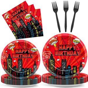 Spider Birthday Party Decoration, Super Theme Hero Birthday Party Set - Spider Fans Disposable Dinnerware Set for Kid Hero Cityscape Birthday Baby Shower Table Party Decoration