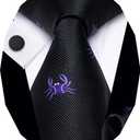 Striped Ties for Men Classic Woven Silk Necktie with Handkerchief Cufflinks Set Formal Business Party Wedding (A Black Purple Animal)