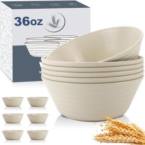 Wheat Straw Bowl Sets,6 PCS Unbreakable Cereal Bowl 36 OZ,Microwave and Dishwasher Safe Bowls,Soup Bowl Sets for Serving Soup,Oatmeal and Salad Beige