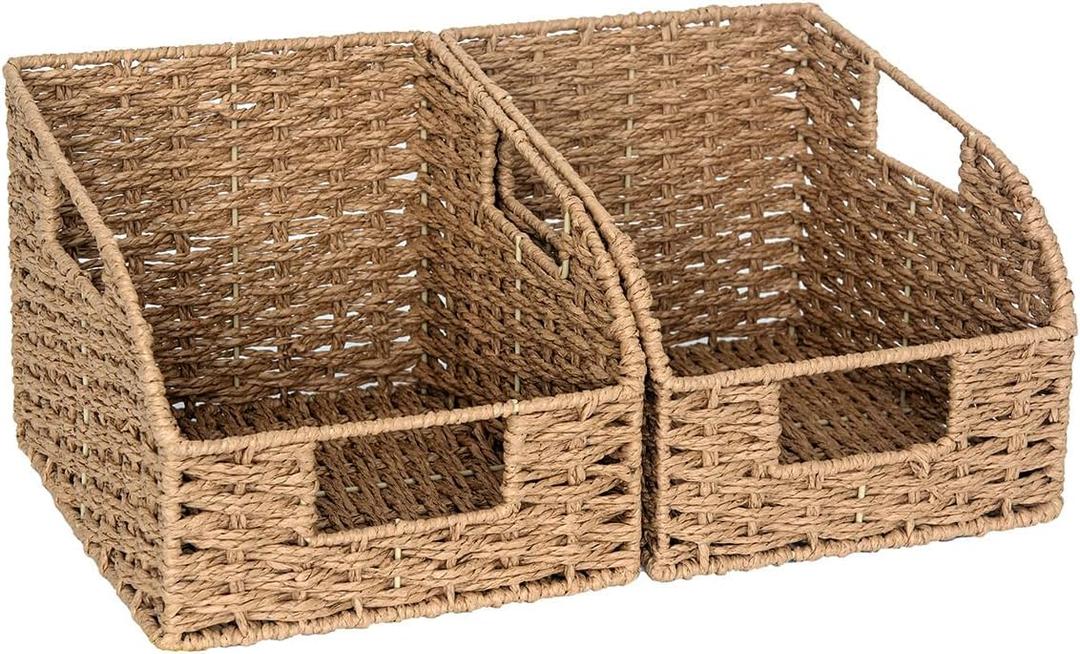 StorageWorks Wicker Baskets for Organizing, Pantry Organizers and Storage, Round Paper Rope Storage Basket for Pantry Shelves, Orange, 2 Pack (8"L x 9"W x 7"H, Light Brown)
