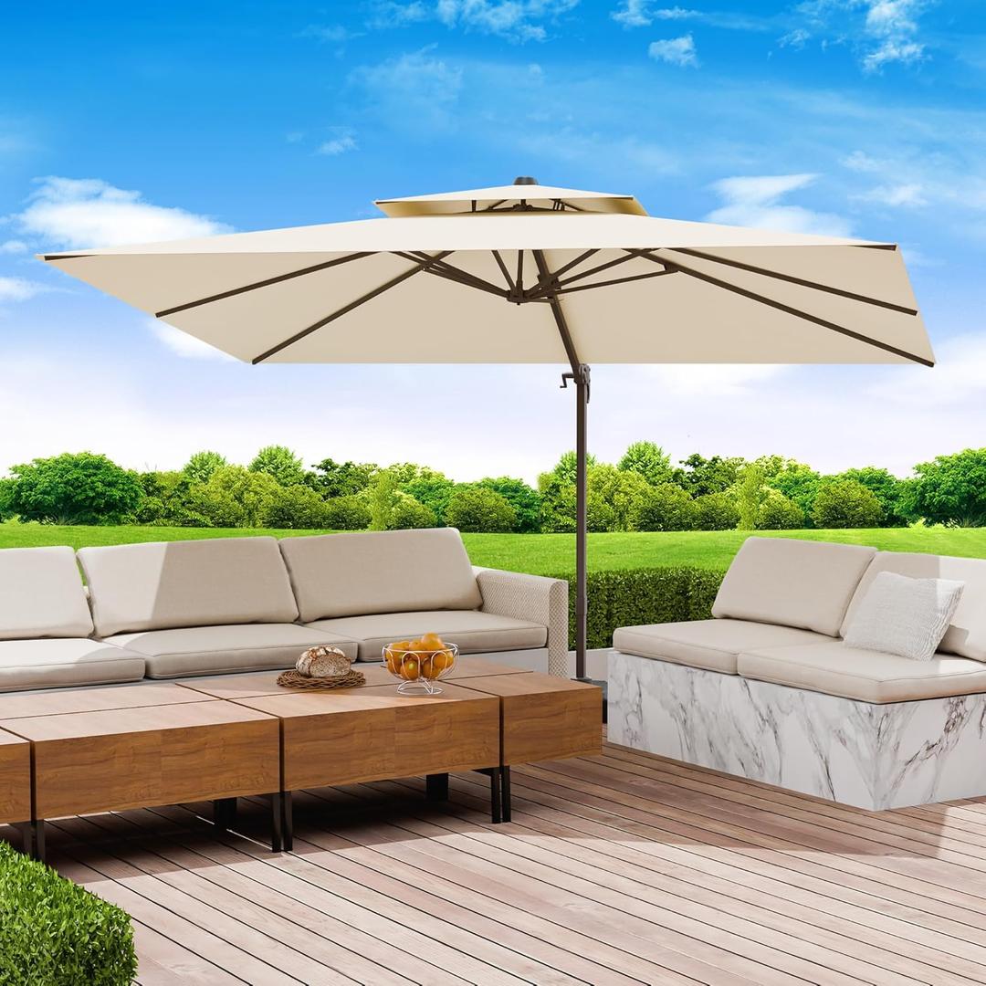 10x13 FT Patio Umbrella, Large Cantilever Rectangular Double Top Heavy Duty Offset Umbrellas with 360 Rotation, Outdoor shade for Garden Deck Pool Patio, Beige
