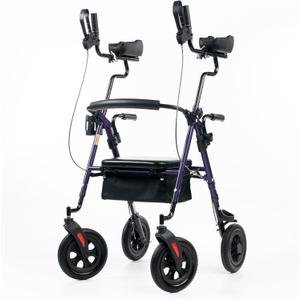 ELENKER All-Terrain Upright Rollator Walker, Stand Up Rolling Walker with 10’’Big PU Wheels and Adjustable Padded Armrests for Seniors from 4’8”to 6'4”, Purple