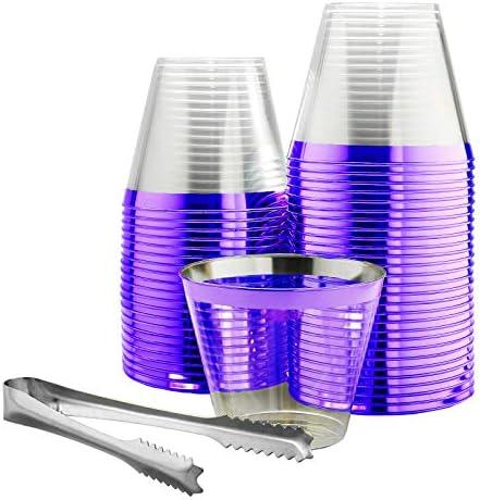 100 Purple Rimmed Plastic Cups and 1 Silver Ice Tong Set - 9 Ounce Disposable Wine Glasses - Plastic Cocktail Cups - Fancy Clear Plastic Cups - Purple Party Decorations - Mermaid Party Supplies