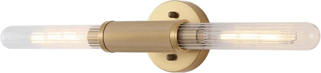 Gold Knurled Texture Wall Sconces 24" Modern Cylinder Bathroom Vanity Lights Fixtures with Clear Striped Glass Shade 2-Lights Indoor Wall Lighting for Living Room Bedroom Kitchen